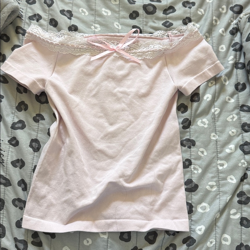 Pink Off-Shoulder Top with Lace Trim